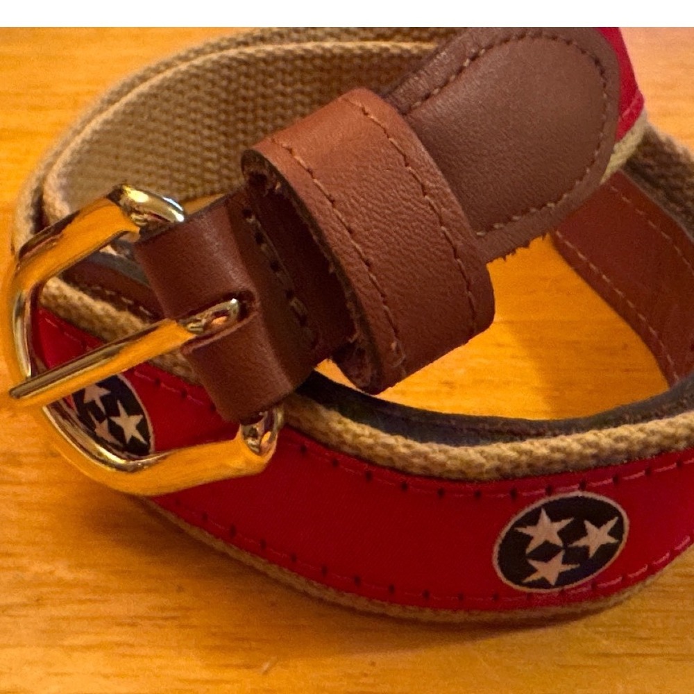 Tennessee State Flag Tri Star Ribbon Cotton Belt Brass Buckle Unisex Sz 30 USA